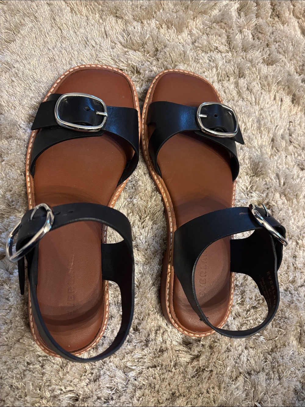 Everlane Black Leather Buckle Sandals with Tan Sole - Picture 5 of 8